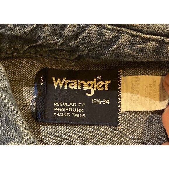 Wrangler Mens Extra Long Tails Denim Shirt Sz 16.5-34 Pearl Snap Made In USA - Picture 7 of 9